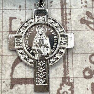 Vintage Saint St Francis of Assisi Catholic Religious Medal Cross Pendant Italy